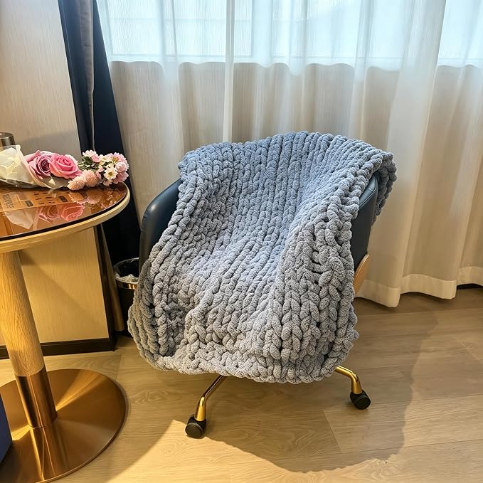 Soft Chunky Knit Throw Blanket for Couch, Cozy Warm Knitted Blankets | Hand Knit with Jumbo Chenille, Lightweight Warm Fluffy Decor for Women, Mom, Her & Girls, Sofa, Chair, Bed,40"×40"(Airy Blue)