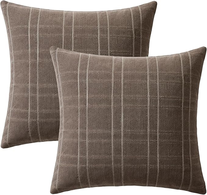 MIULEE Decorative Linen Check Euro Shams Throw Pillow Covers Neutral Farmhouse Vintage Pillow Covers 24x24 Set of 2 Boho Modern Winter Home Decor for Sofa Couch Bedroom Cushion Brown