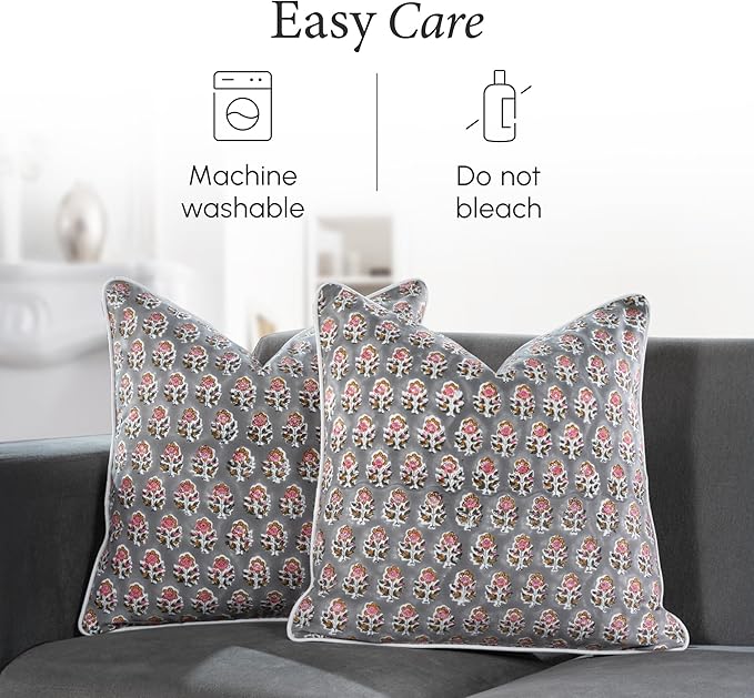 CPC 100% Cotton Throw Pillow Covers 24x24 Inch, Set of 2 Gray Block Print Pattern Couch Pillow, Cute Boho Decorative Pillows for Living Room, Bedroom with Hidden Zipper- Labra Gray