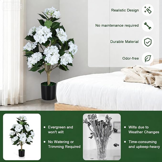 Faux Hydrangea Tree 3ft Set of 2,Artificial Hydrangea Bush UV Resistant,Fake Hydrangea with White Flowers in Pot,Artificial Plants for Outdoor Indoor Front Porch Patio Office Decor