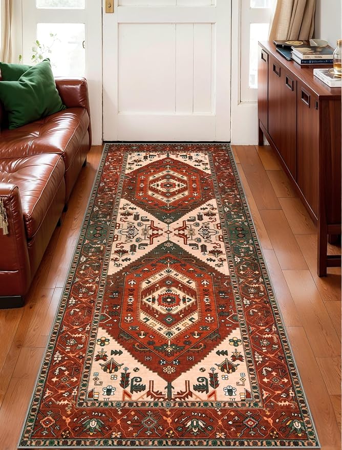 SERISSA Boho Washable Runner Rug, 2x5 Rug Runner Non-Slip Vintage Terracotta Green Hallway Kitchen Runner Rug Ultra Soft Print Distressed Floor Carpet Runner for Bedroom Laundry Living Room