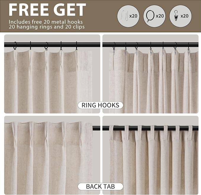Guken Birch Beige Pinch Pleated Linen Curtains 108 Inches Long for Living Room Bedroom Boho Farmhouse Country Semi Sheer Textured Linen Blended Light Filtering Pleated Drapes with Hooks Rings 40x108