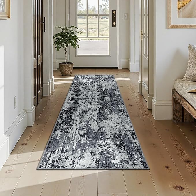 RELEANY Washable Area Rugs 2x7 Non-Slip Modern Abstract Soft for Living Room Entryway Bedroom Nursery, Print Pattern, Black Navy Blue Gray