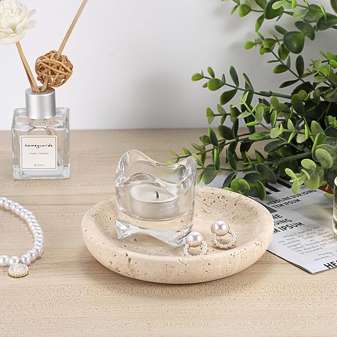 Travertine Jewelry Tray Round Trinket Dish Vintage Decorative Tray Entry Table Nightstand Bowl for Display Rings Earrings Necklace Key Organizer Home Decor