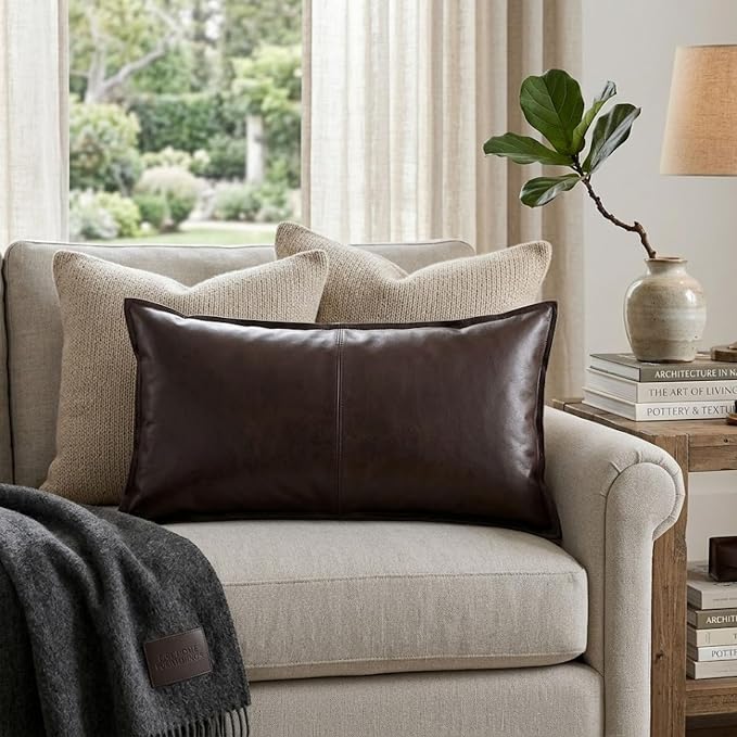 Genuine Leather Pillow Cover Case for Lumbar Throw Couch Pillows - Modern Farmhouse Decorative Sofa Thick & Soft Cushion Covers (Chocolate Brown, 16" x 24")