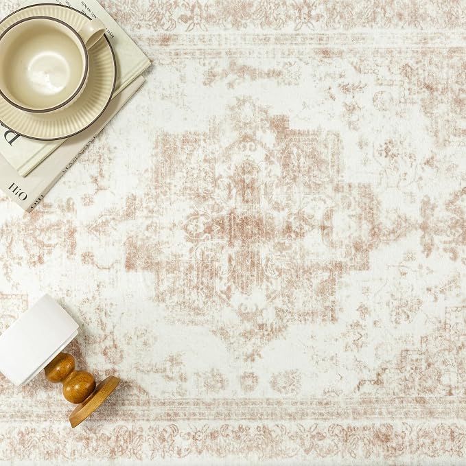 PureCozy Area Rug 10x14 Cream Washable Living Room Beige Carpet Non Slip Vintage Medallion Indoor Bedroom Beige Carpet Low Pile Soft Retro Distressed Large Rug Home Office Dining Room Playroom