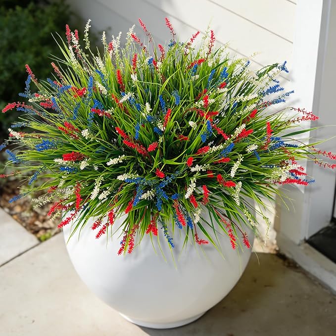 Ammyoo Artificial Faux Plants for Outdoor Spring Decoration, 12 Pcs Fake Monkey Grass for Garden Porch Balcony Planters, Fake Flowers Shrubs UV Resistant No Fade Plants Greenery Bush (Red Blue White)
