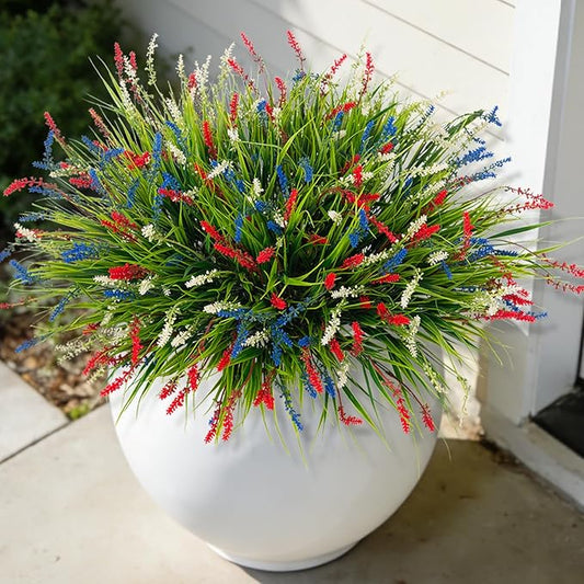 Ammyoo Artificial Faux Plants for Outdoor Spring Decoration, 12 Pcs Fake Monkey Grass for Garden Porch Balcony Planters, Fake Flowers Shrubs UV Resistant No Fade Plants Greenery Bush (Red Blue White)