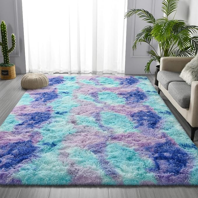 Deerhoo Large Shag Area Rugs 6 x 9, Tie-Dyed Plush Fuzzy Rugs for Living Room, Ultra Soft Fluffy Furry Rug for Bedroom, Indoor Carpet Nursery Rugs for Kids Room Home Decor, Rainbow