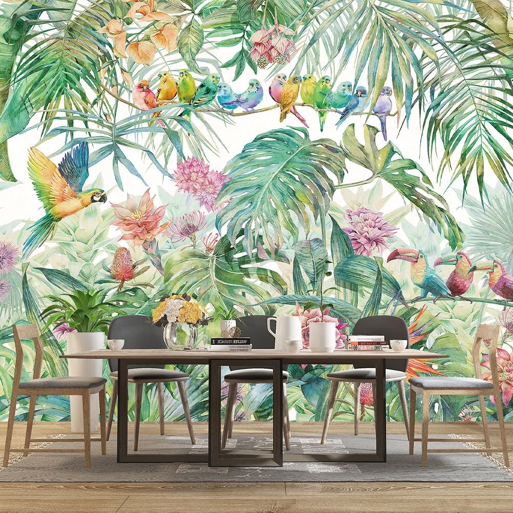 Tropical Green Botanical Flower Birds Leaf Wallpaper Bedroom Plant Floral Mural Room Decor Living Room tv Background Large Wall Mural - 137"x96" (Not Peel and Stick)