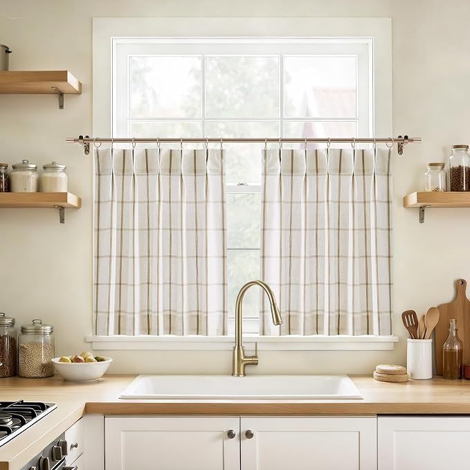 Vision Home Flax Linen Plaid Pinch Pleated Tier Curtains 36 inch, Checkered Semi Sheer Kitchen Curtains with Back Tab & Hooks, Light Filtering Small Window Panels for Bathroom Laundry, 25" Wx36 Lx2
