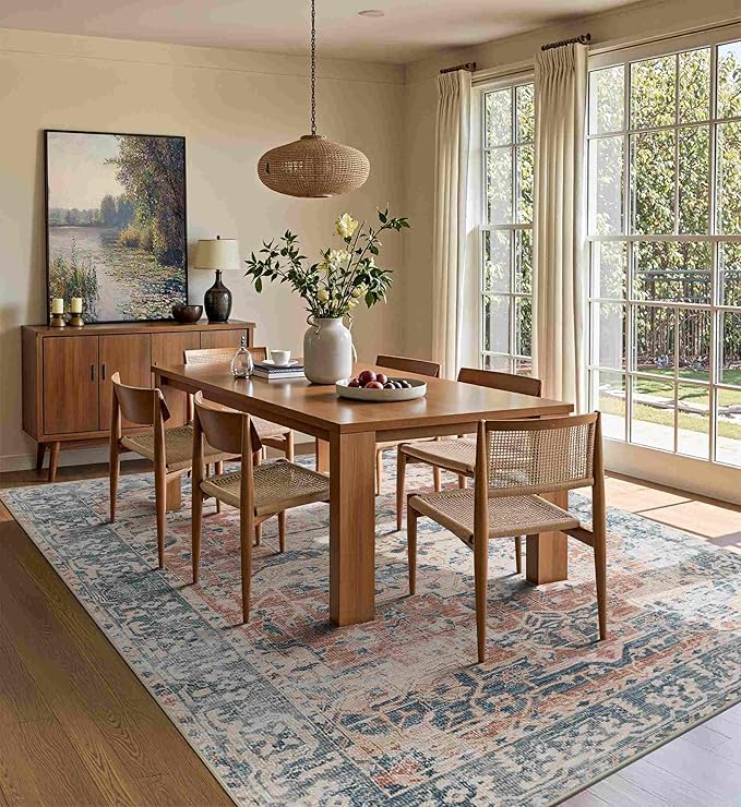 Rugxara Orange 5x7 Area Rugs for Living Room Bedroom, Washable Rug, Coral Vintage Retro Boho Rug, Non Slip & Low Pile Carpet for Indoor Dining Room, Kids Room, Nursery Room(Coral Blue 5x7ft)