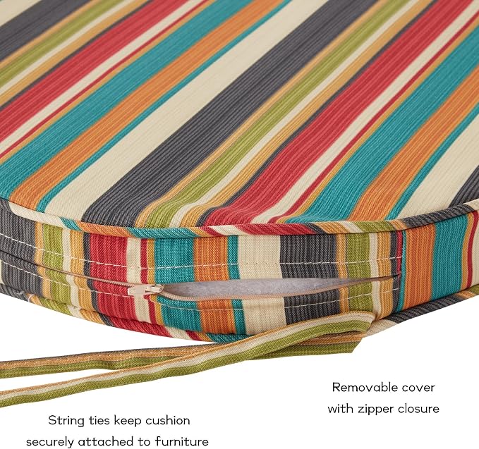 Set of 2 Outdoor 18 inch Round Patio Dining Chair Pads – Comfortable Fiber-Filled Seat Cushions with Ties, Reversible Polyester Fabric, Sunset Stripe