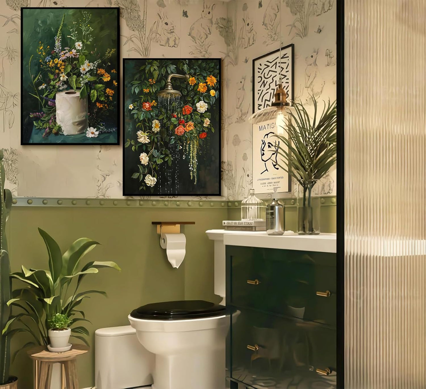 3Pcs Vintage Dark Green Bathroom Wall Art Shower Toilet Paper Roll Floral Poster Print Modern Farmhouse plants Painting Picture Wall Decor For Bathroom Living Room Decoration Unframed