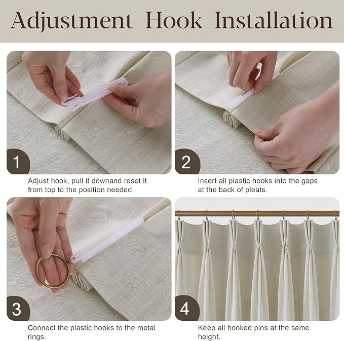 Beige Pleated Linen Curtains 102 Inch Length 2 Panels Set Semi Sheer Light Filtering Light Tan Window Drapes for Living Room Modern Viral Pinch Pleated Curtains 102 Inches with Hooks Rings Clips
