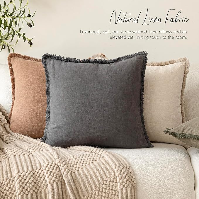 Foindtower Set of 2 Decorative Linen Fringe Throw Pillow Covers Cozy Boho Farmhouse Cushion Cover with Tassels Soft Accent Pillowcase for Couch Sofa Bed Living Room Home Decor, 22×22 Inch, Gray