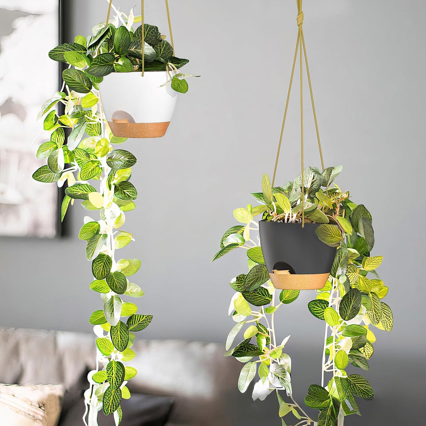 ZMTECH 6.5 Inch Hanging Planters for Indoor Outdoor Plants, 2 Pack Self Watering Hanging Plant Pots with Drainage Holes and Removable Saucer, Plastic Flower Hanging Pots with Watering Lip (White)