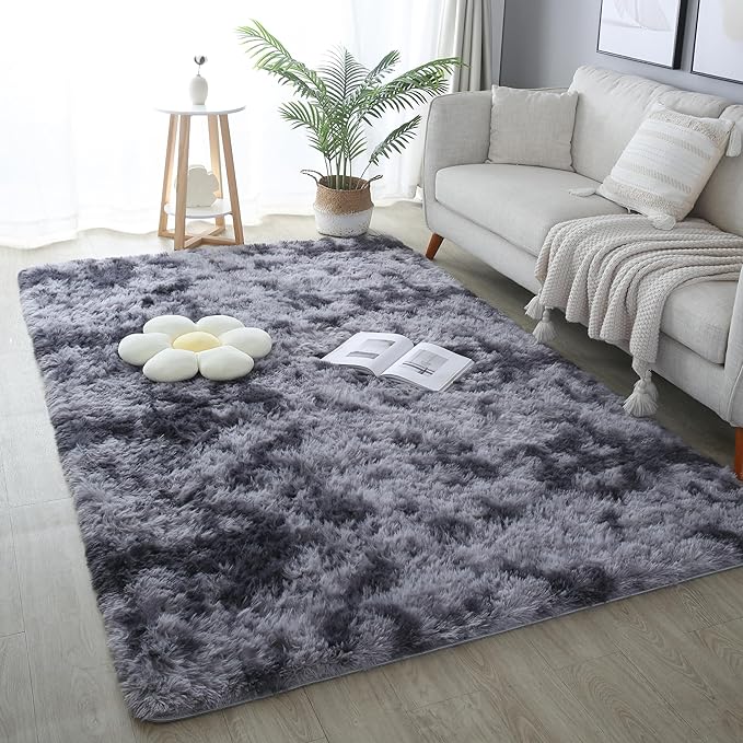 KICHOWUA 6x9 Dark Grey Fluffy Shag Rug for Bedroom Living Room, Ultra Soft Plush Fuzzy Washable Non Slip Floor Cozy Carpet, Modern Comfy Shaggy Large Area Rug for Kids Baby Nursery Dorm, Tie-Dye Gray