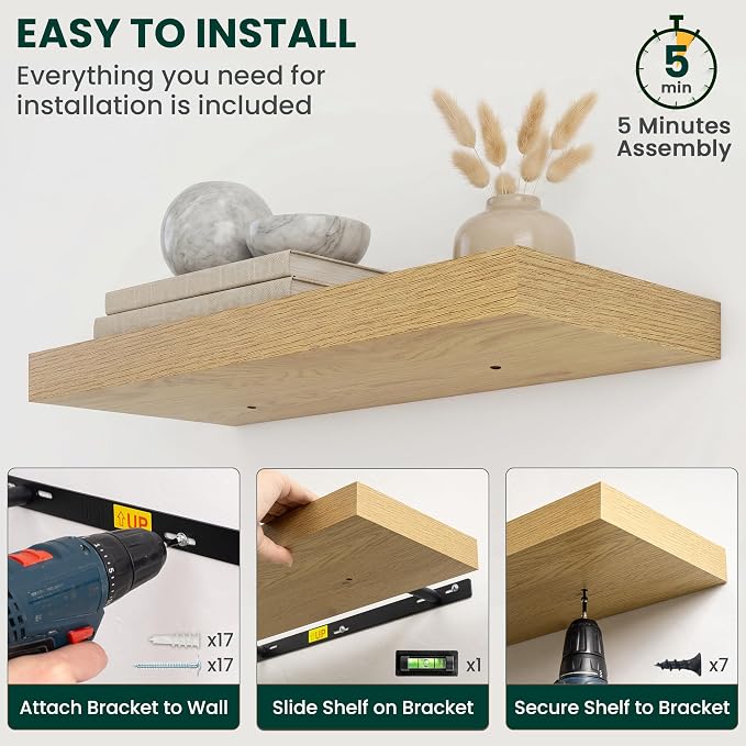 Floating Shelves for Wall 72 in x 9.3 in Deep, Wall Mounted Rustic Wood Shelf with Invisible Brackets for Storage & Display, Living Room Bedroom Bathroom, Oak, 1 Pack
