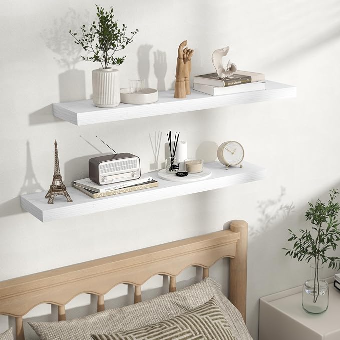 Fun Memories Rustic Floating Wall Shelves, Wall Mounted Wood Storage & Display Shelves for Bathroom, Bedroom, Living Room or Kitchen, (Set of 2, White, 36 in)