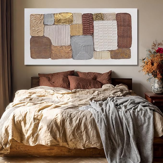 Dolidoteart Canvas Wall Art, Large Abstract Wall Art Print in Neutral Brown Beige Gold, Geometric Textured-Look Artwork for Living Room Bedroom Office, 24x48 Inch