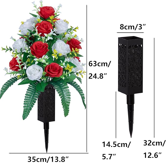 DONODA 2 Sets of Artificial Cemetery Flowers， Outdoor Grave Decorations Roses，Accompanied by 2 Long Nail Vases，Lasting and Non-Bleed Colors. (18 Heads (red+White))