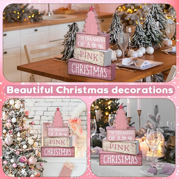 Lineshading 4 Pcs Christmas Table Decoration Wooden Pink Christmas Tree Centerpieces Decor Winter Tiered Tray Decor Rustic Decorative Tree Block Signs Gift Farmhouse Xmas Decoration for Home Kitchen