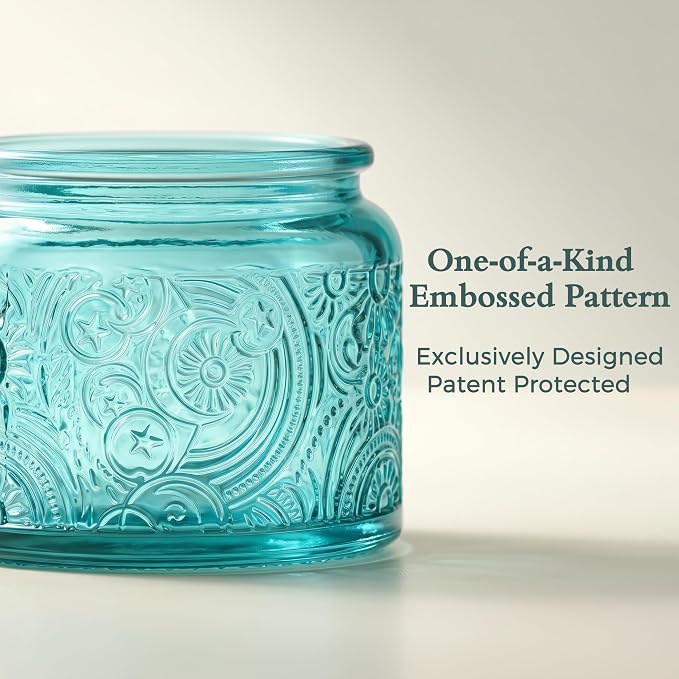 4 oz Blue Sun Moon Stars Candle Jars with Bamboo Lids, 18 Pack | Patented Embossed Design, Includes Wick Centering Devices & Warning Labels, Multiple Color Options