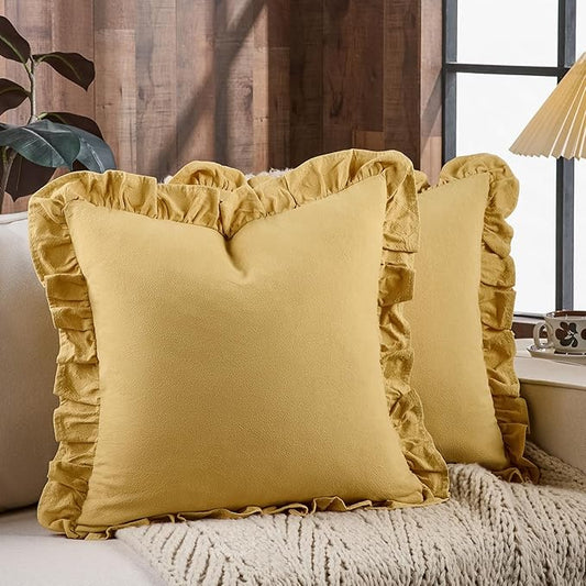 AmHoo Pack of 2 Throw Pillow Covers 100% Cotton Pre Washed Ruffle Decorative Pillowcase Cushion for Couch Sofa Bedroom 18 x 18-Inch Yarrow Yellow