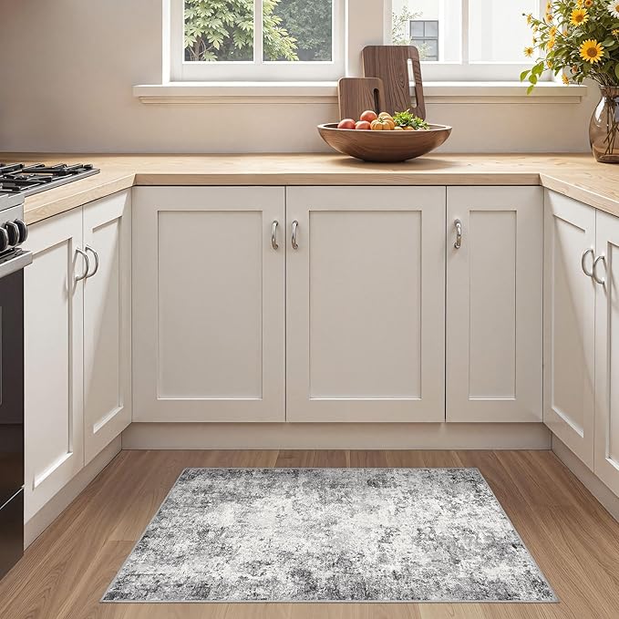 UERMEI 2x3 Entryway Area Rug: Washable Neutral Modern Abstract Small Rug - Non-Slip Low Pile Throw Indoor Carpet for Entrance Kitchen Front Door Mat Bathroom Entry Kids Room - Grey