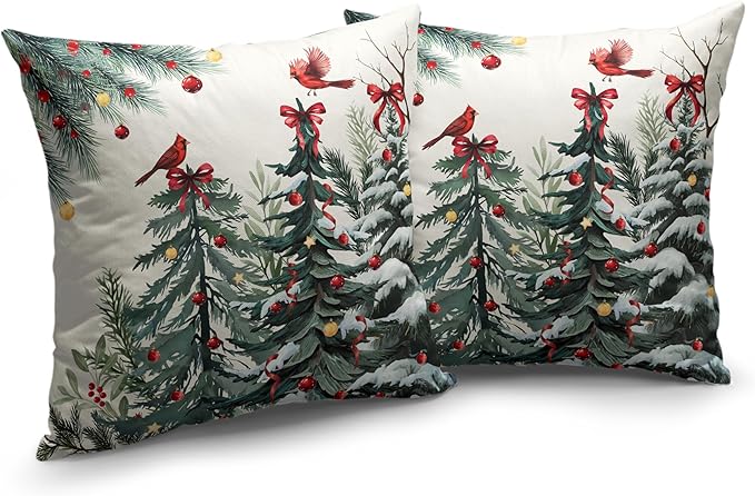 Set of 2 Christmas Tree Pillow Covers Snowy Pine Throw Pillow Covers 22x22 Green Xmas Tree Cardinal Bird Pillowcase Winter Holiday Cushion Case for Home Decor Couch Sofa
