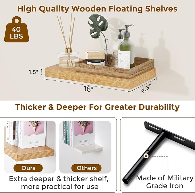 Oak Floating Shelves for Wall, 16 inch Floating Wall Shelves 9.3in Deep Wooden Shelving Book Shelves for Living Room Bathroom Bedroom Kitchen Storage & Organizer, 16 x 9.3 x 1.5 in, 2 Packs