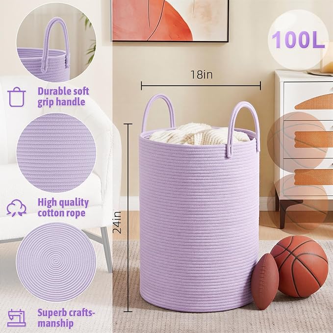 Artfeel Laundry Basket,Woven Cotton Rope Laundry Hamper,100L for Decorative Storage of Dirty Clothes,Toys and Blankets in Bathroom,Baby Room and Living Room