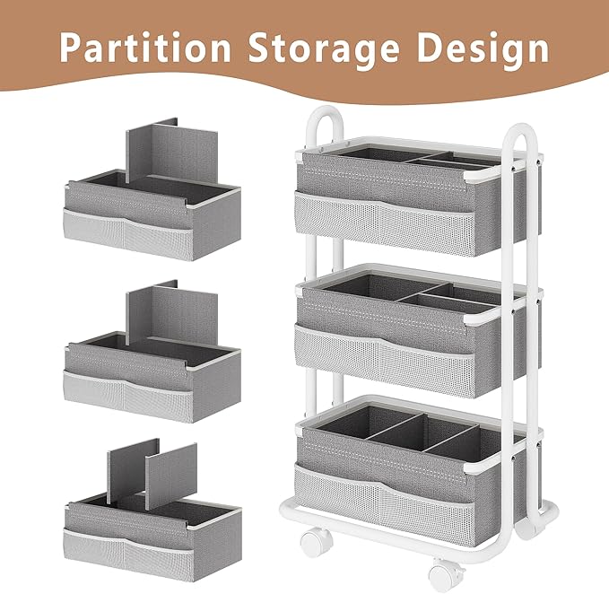 3-Tier Baby Diaper Caddy Organizer Cart, Mobile Nursery Storage Carts with Wheels, 3 Dividers & 6 Mesh Pockets Durable Metal Utility Cart for Nursery, Bedroom, Bathroom, Baby Essentials Organization