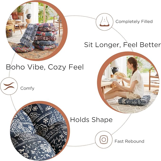 Codi Meditation Floor Pillow Set of 2, Large Pillows Seating for Adults and Teens, Bohemian Cushion for Fireplace Yoga Living Room Sitting, Memory Foam Added, 22x22 Inch Indigo Elephant