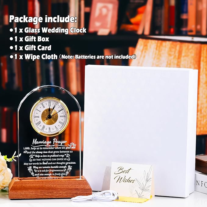 Glass Clock Wedding Gifts for Couples 2026 with Wooden Light Base, Happy Anniversary Marriage Prayer Gift with Inspiring Quotes, Unique Newlywed Mr and Mrs Gifts, Engagement Presents for Home