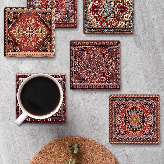 Drink Coasters for Drinks Set of 6, Red Tribal Geometric Pattern Absorbent Square Ceramic Stone Mat Coaster, with Cork Base and Metal Holder, Home Bar Decor House Warming Gift