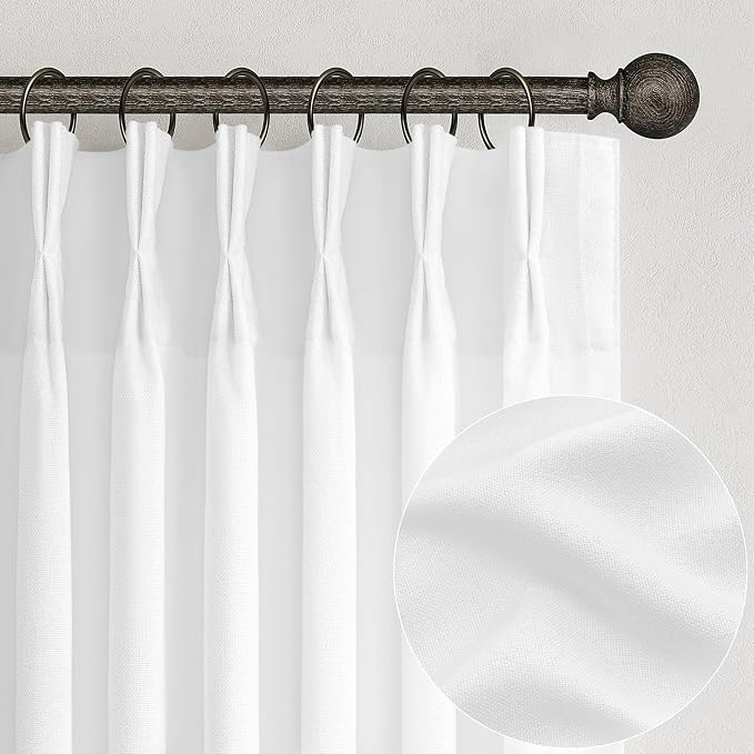 PleatedDrapes White Curtains 90 Inches Long, Pretty Closet Linen Curtain for Open Closet/Living Room Standard Window Curtain Lengths Coastal Light Filtering Semi Sheer Burgs 2 Panels Set (W40 xL90)