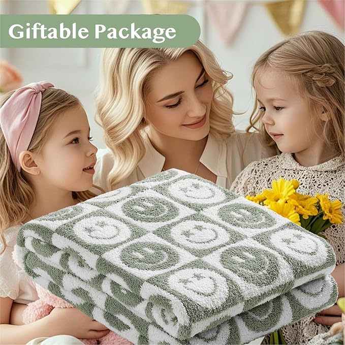 WRENSONGE Soft Checkered Throw Blanket for Couch-Cozy Warm Knitted Blankets | Lightweight Warm Fluffy Decor for Women, Mom, Her & Girls, Sofa, Chair, Bed, 50x60in, Seagrass Smiling Face
