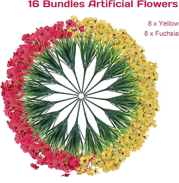 Geegoods Artificial Mums Flowers for Outdoors, 16 Bundles UV Resistant Fake Plastic Rose and Yellow Flowers for Patio Porch Spring Summer Decor
