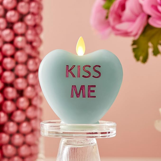 Luminara Candy Heart Kiss Me Fresh Mint Candle- Flameless Real-Flame Romantic Battery Operated LED Decor- Valentine's Day Collection- 3.5" x 4.5"