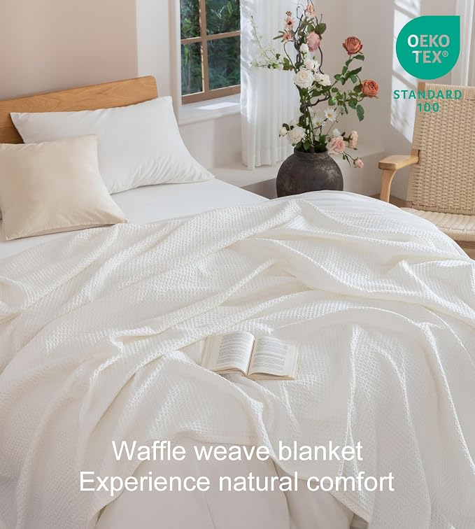 Talasily 100% Cotton Blanket King Size for Bed - Spring and Summer Cooling Lightweight & Breathable Bedding -Soft Waffle Weave Christmas Blanket, Machine Washable,Lvory,108x90 Inches