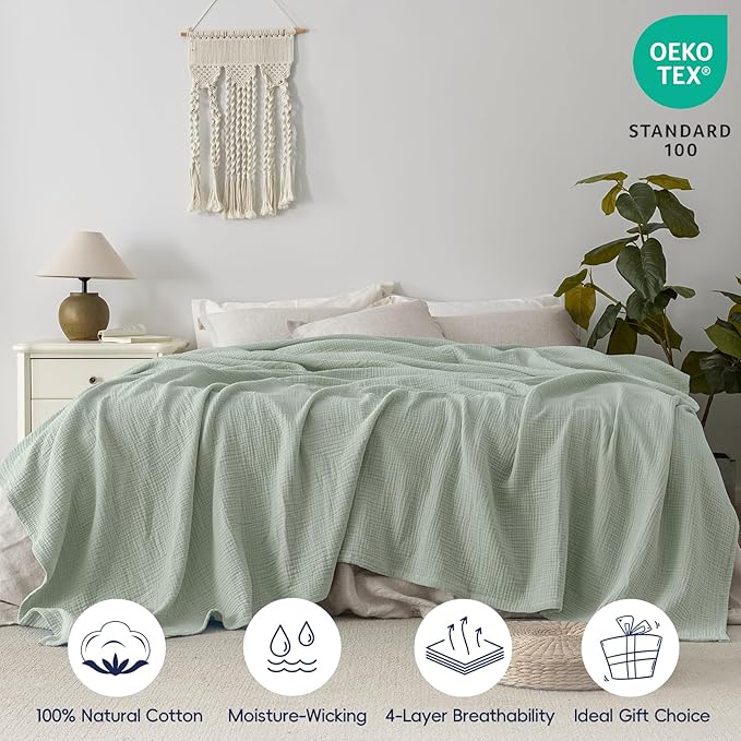 PHF 100% Cotton Muslin Blanket King Size 108"x90", 4-Layer Lightweight Gauze Throw, Breathable Cloud-Soft Minimalist Blanket for Bed, Couch, Camping & Baby, Sage Green, Ideal Gift
