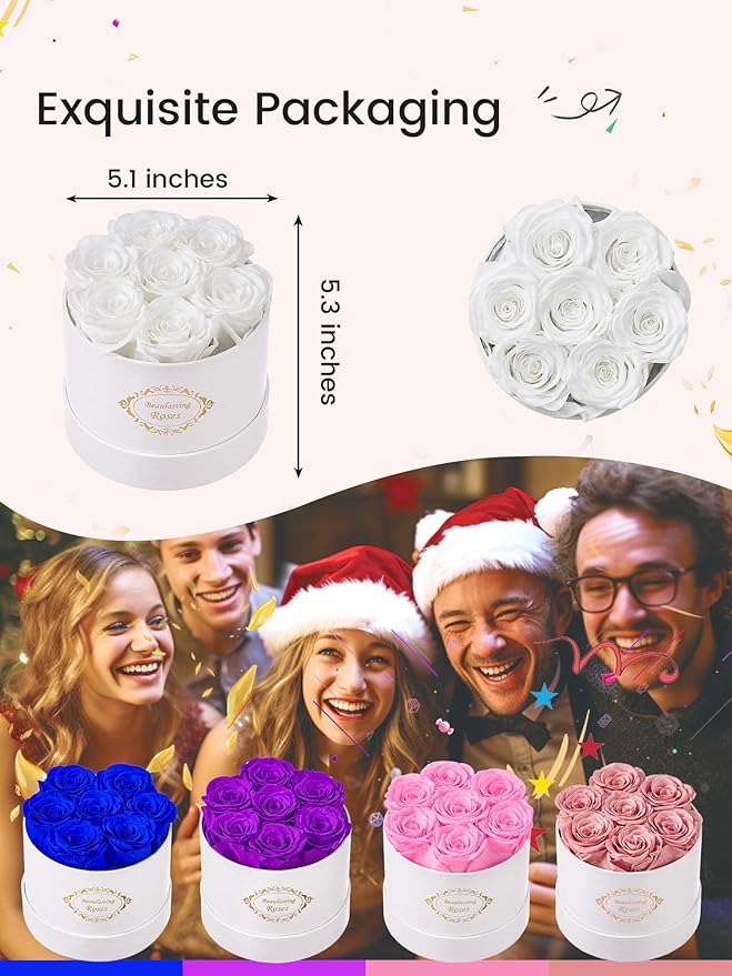 Beaulasting Long Lasting Preserved Roses in a Box Last a Year Forever Flowers for Her Mom Wife Anniversary Birthday (Round White Box, White)