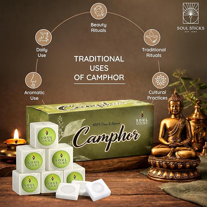 SOUL STICKS Natural Camphor Blocks, Pure Camphor Tablets for Aromatherapy & Puja - Alcanfor en Bloques, Alcanfor en Bolitas, Kapoor for Pooja (56 Grams (12 Tablets))
