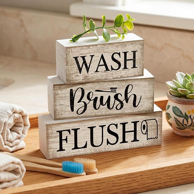 Moucuny 4 Pcs Farmhouse Table Decor Bathroom Wooden Signs Rustic Eucalyptus Leaves Wooden Block Sign Gift Wash Brush Flush Farmhouse Table Centerpiece for Living Room Housewarming Gift