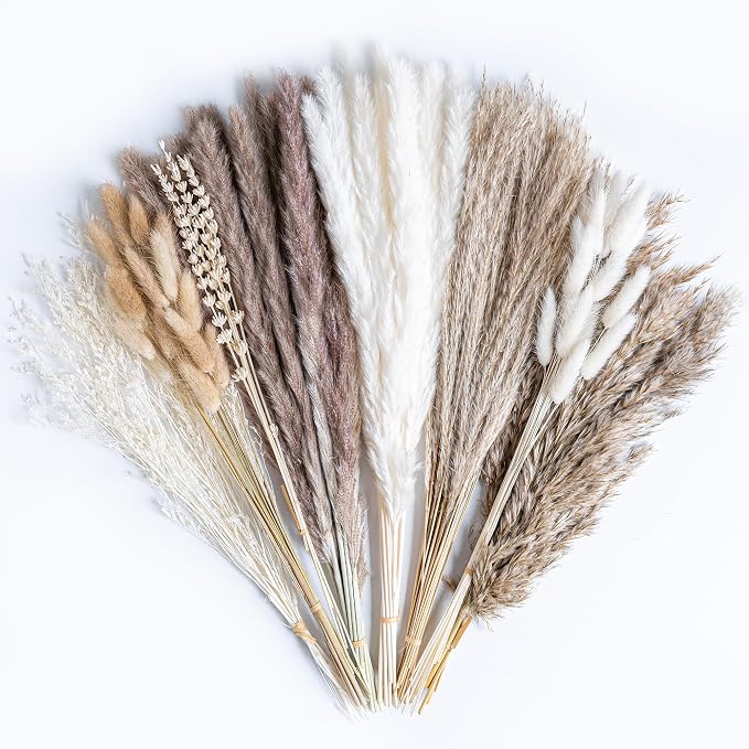 130PCS Natural Dried Pampas Grass Boho Home Decor Bouquet Phragmites Dried Flowers Bouquet for Wedding Floral Arrangements Living Room Decorations (130PCS)