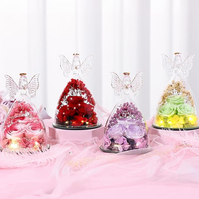 Mothers Day Rose Gifts for Women Preserved Real Flower in Glass Angel Figurines Roses for Delivery Prime Birthday Gifts for Mom Grandma Girlfriend Wife Her, Pearlescent Purple