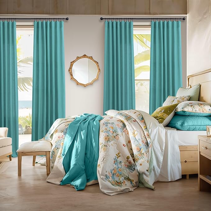 Mid Century Modern Teal Curtains 96 Inches Long 2 Panels for Living Room Bedroom Linen Sheer Semi Privacy Lightweight Light Filtering Drapes for Dining Room Office Farmhouse Coastal Decor 52x96 Length