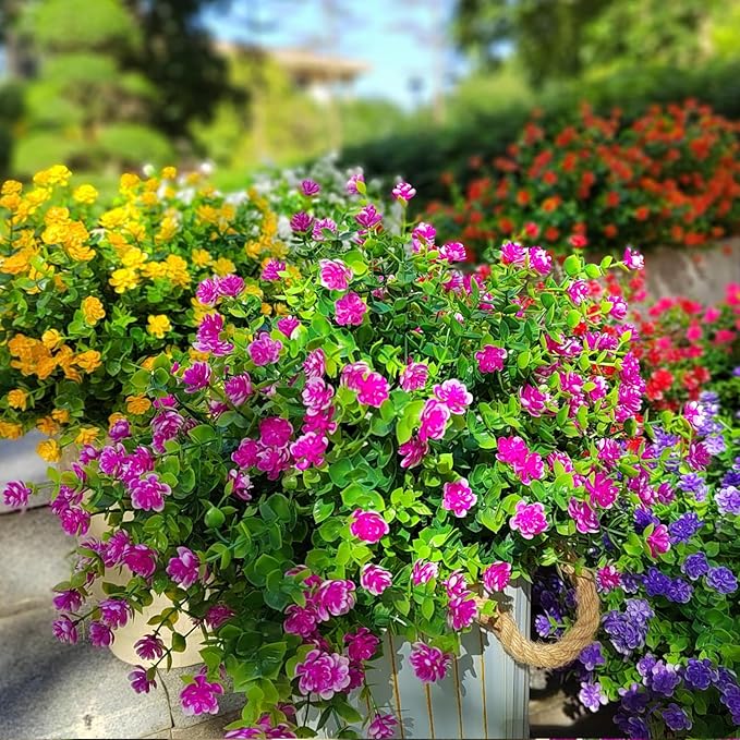 Grunyia 12 Bundles Artificial Flowers for Outdoors, UV Resistant Fake Flowers with Plastic Plants, Faux Flowers for Outside Window Box Front Porch Hanging Planter Decor (Magenta)